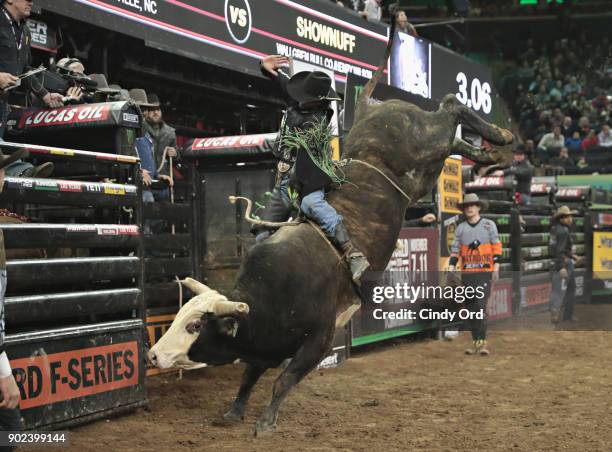 Mauney rides Shownuff during the 2018 Professional Bull Riders Monster Energy Buck Off at the Garden at Madison Square Garden on January 7, 2018 in...