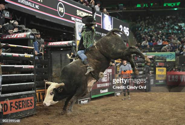 Mauney rides Shownuff during the 2018 Professional Bull Riders Monster Energy Buck Off at the Garden at Madison Square Garden on January 7, 2018 in...