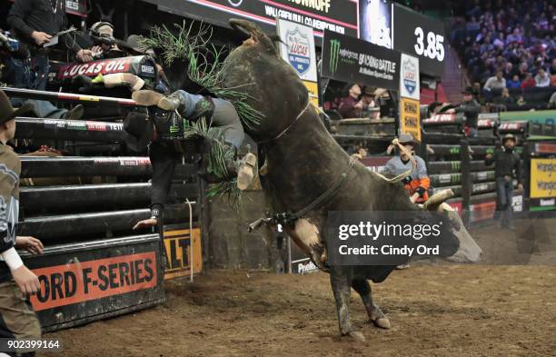 Mauney rides Shownuff during the 2018 Professional Bull Riders Monster Energy Buck Off at the Garden at Madison Square Garden on January 7, 2018 in...