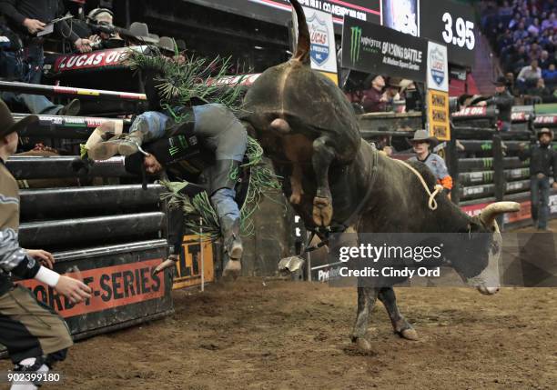 Mauney rides Shownuff during the 2018 Professional Bull Riders Monster Energy Buck Off at the Garden at Madison Square Garden on January 7, 2018 in...