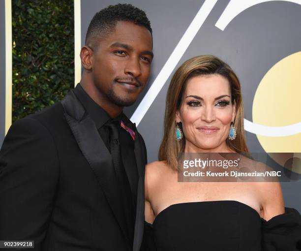 75th ANNUAL GOLDEN GLOBE AWARDS -- Pictured: TV Personalities Scott Evans and Kit Hoover arrive to the 75th Annual Golden Globe Awards held at the...