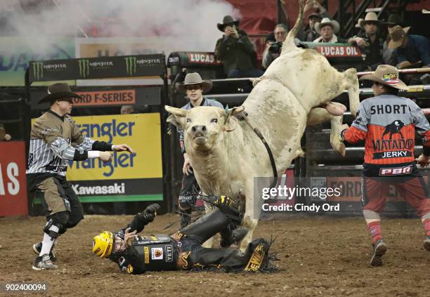 Jess Lockwood rides during the 2018 Professional Bull Riders Monster Energy Buck Off at the Garden at Madison Square Garden on January 7, 2018 in New...