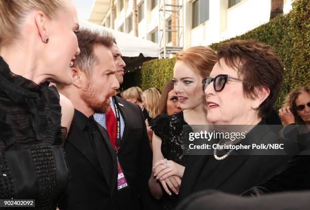 75th ANNUAL GOLDEN GLOBE AWARDS -- Pictured: Actors Leslie Bibb, Sam Rockwell, Emma Stone and former tennis player Billie Jean King at the 75th...