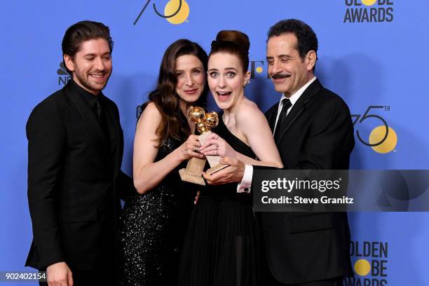 Actors Michael Zegen, Marin Hinkle, Rachel Brosnahan and Tony Shalhoub of 'The Marvelous Mrs. Maisel,' winner of the award for Best Television Series...