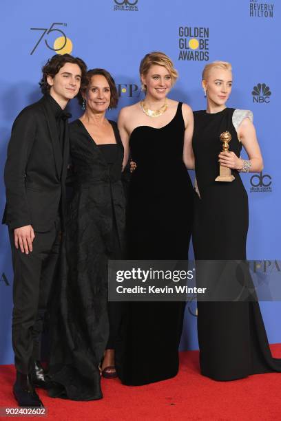 Timothee Chalamet, Laurie Metcalf, Greta Gerwig and Saoirse Ronan poses with the award for Best Motion Picture Musical or Comedy in 'Lady Bird' in...