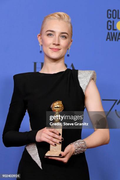 Actor Saoirse Ronan poses with the award for Best Motion Picture for 'Lady Bird' poses in the press room during The 75th Annual Golden Globe Awards...