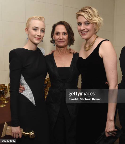 Actors Saoirse Ronan, Laurie Metcalf and director/actor Greta Gerwig celebrate The 75th Annual Golden Globe Awards with Moet & Chandon at The Beverly...