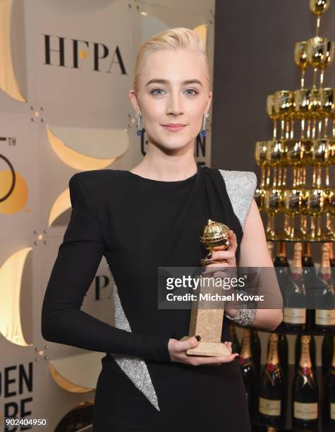 Actor Saoirse Ronan celebrates The 75th Annual Golden Globe Awards with Moet & Chandon at The Beverly Hilton Hotel on January 7, 2018 in Beverly...