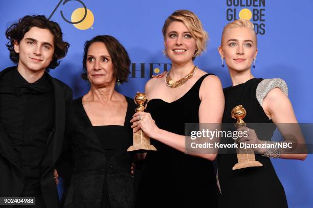 75th ANNUAL GOLDEN GLOBE AWARDS -- Pictured: Actors Timothee Chalamet, Laurie Metcalf, director Greta Gerwig and actor Saoirse Ronan pose with the...