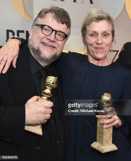 Filmmaker Guillermo del Toro and actor Frances McDormand celebrate The 75th Annual Golden Globe Awards with Moet & Chandon at The Beverly Hilton...