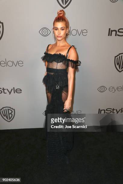 Model Hailey Rhode Baldwin attends the 2018 InStyle and Warner Bros. 75th Annual Golden Globe Awards Post-Party at The Beverly Hilton Hotel on...