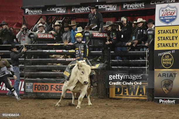 Jess Lockwood rides during the 2018 Professional Bull Riders Monster Energy Buck Off at the Garden at Madison Square Garden on January 7, 2018 in New...