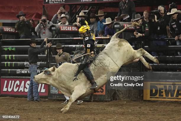 Jess Lockwood rides during the 2018 Professional Bull Riders Monster Energy Buck Off at the Garden at Madison Square Garden on January 7, 2018 in New...