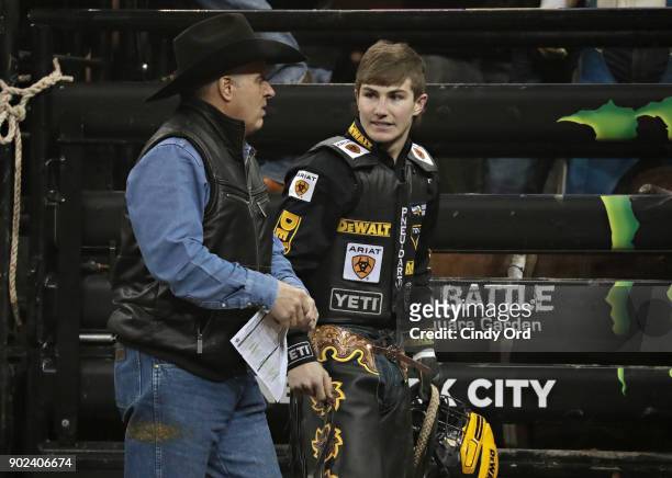 Jess Lockwood after riding during the 2018 Professional Bull Riders Monster Energy Buck Off at the Garden at Madison Square Garden on January 7, 2018...