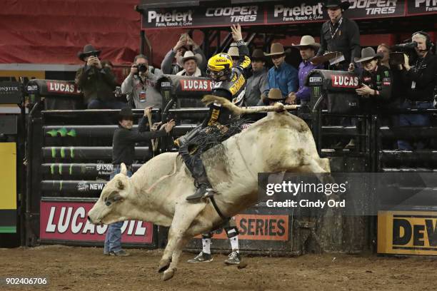 Jess Lockwood rides during the 2018 Professional Bull Riders Monster Energy Buck Off at the Garden at Madison Square Garden on January 7, 2018 in New...