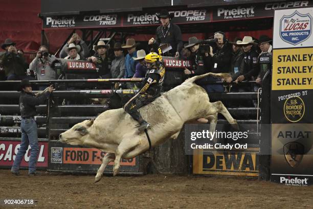 Jess Lockwood rides during the 2018 Professional Bull Riders Monster Energy Buck Off at the Garden at Madison Square Garden on January 7, 2018 in New...