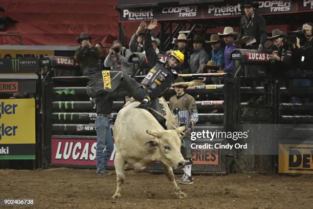 Jess Lockwood rides during the 2018 Professional Bull Riders Monster Energy Buck Off at the Garden at Madison Square Garden on January 7, 2018 in New...