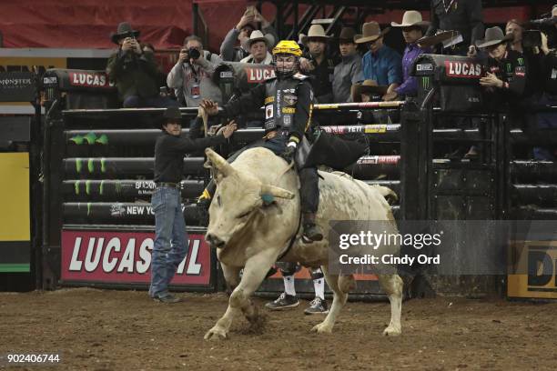 Jess Lockwood rides during the 2018 Professional Bull Riders Monster Energy Buck Off at the Garden at Madison Square Garden on January 7, 2018 in New...