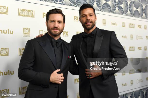 Actors Edgar Ramirez and Ricky Martin attend FOX, FX and Hulu 2018 Golden Globe Awards After Party at The Beverly Hilton Hotel on January 7, 2018 in...