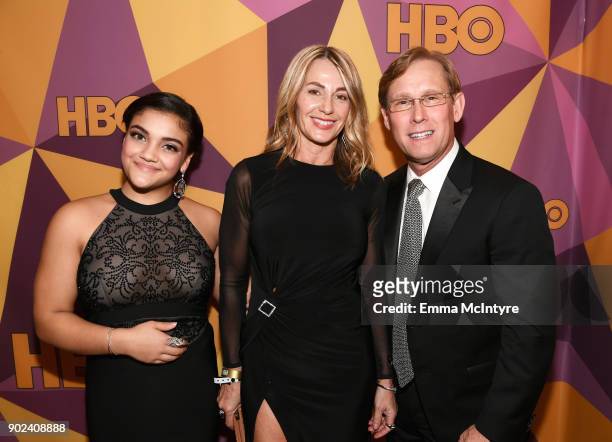 Gymnast Laurie Hernandez and former gymnasts Nadia Comaneci and Bart Conner attend HBO's Official Golden Globe Awards After Party at Circa 55...