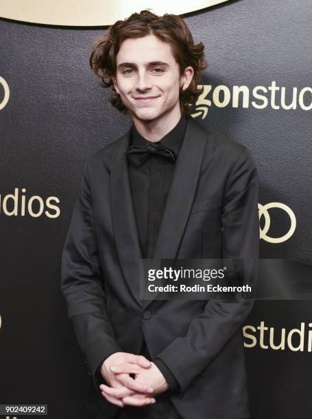 Actor Timothee Chalamet arrives at the Amazon Studios Golden Globes Celebration at The Beverly Hilton Hotel on January 7, 2018 in Beverly Hills,...