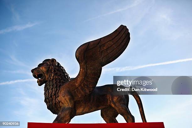 Statue of a lion sits on top of a plynth on Venice Lido as preperations begin for the 66nd Venice Film Festival on August 31, 2009 in Venice, Italy.