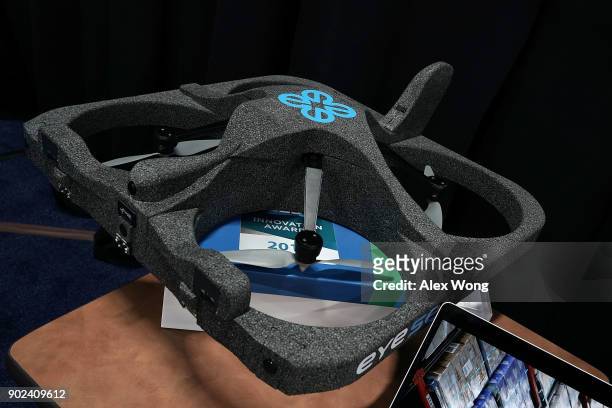 The Eyesee inventory drone is displayed during a press event for CES 2018 at the Mandalay Bay Convention Center on January 7, 2018 in Las Vegas,...