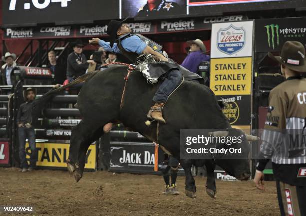 Valdiron de Oliveira rides during the 2018 Professional Bull Riders Monster Energy Buck Off at the Garden at Madison Square Garden on January 7, 2018...
