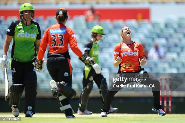 Katherine Brunt of the Scorchers celebrates the wicket of Rachel Priest of the Thunder during the Women's Big Bash League match between the Perth...