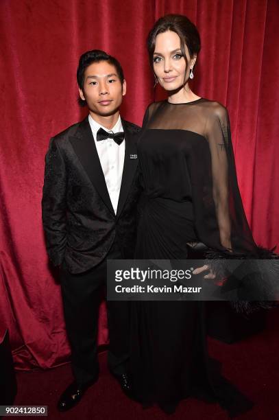Pax Jolie-Pitt and Angelina Jolie attend the Netflix Golden Globes after party at Waldorf Astoria Beverly Hills on January 7, 2018 in Beverly Hills,...