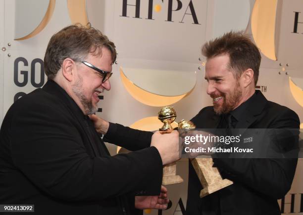 Director Guillermo del Toro and actor Sam Rockwell celebrate The 75th Annual Golden Globe Awards with Moet & Chandon at The Beverly Hilton Hotel on...