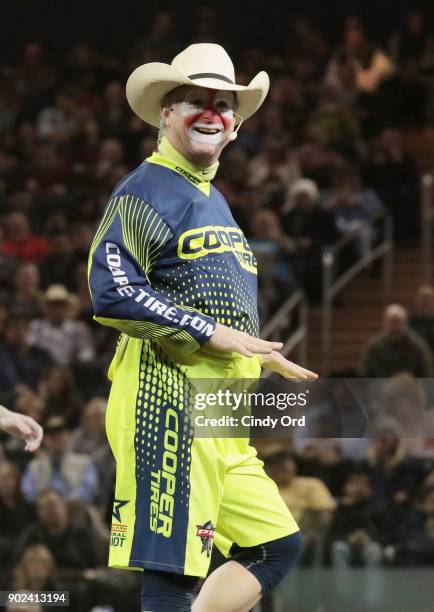 Flint Rasmussen entertains the crowd during the 2018 Professional Bull Riders Monster Energy Buck Off at the Garden at Madison Square Garden on...