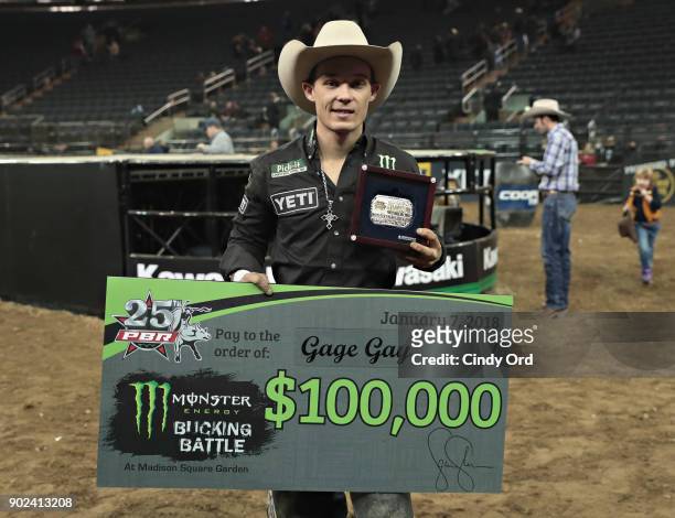 Bull Rider Gage Gay poses for a photo after winning the 2018 Professional Bull Riders Monster Energy Buck Off at the Gardenat Madison Square Garden...