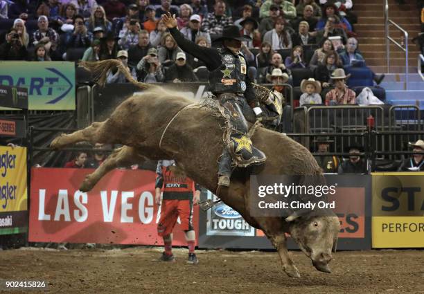 Joao Ricardo Vieira rides during the 2018 Professional Bull Riders Monster Energy Buck Off at the Garden at Madison Square Garden on January 7, 2018...