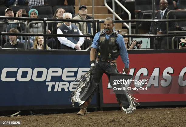 Valdiron de Oliveira on the field after riding during the 2018 Professional Bull Riders Monster Energy Buck Off at the Garden at Madison Square...