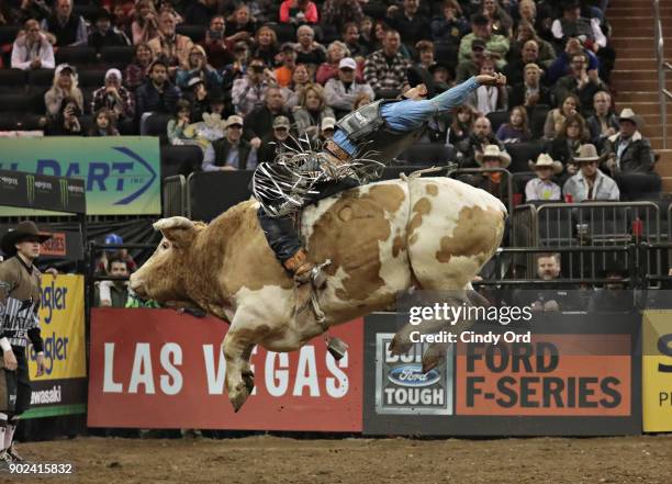 Valdiron de Oliveira rides during the 2018 Professional Bull Riders Monster Energy Buck Off at the Garden at Madison Square Garden on January 7, 2018...