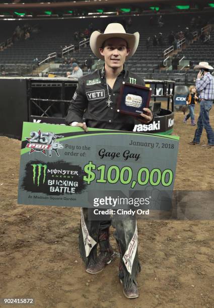 Bull Rider Gage Gay poses for a photo after winning the 2018 Professional Bull Riders Monster Energy Buck Off at the Gardenat Madison Square Garden...