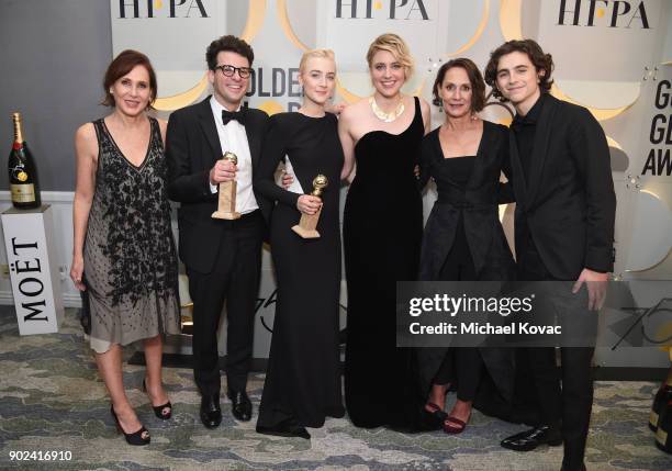 Saoirse Ronan, Greta Gerwig, Laurie Metcalf and Timothee Chalamet celebrate The 75th Annual Golden Globe Awards with Moet & Chandon at The Beverly...