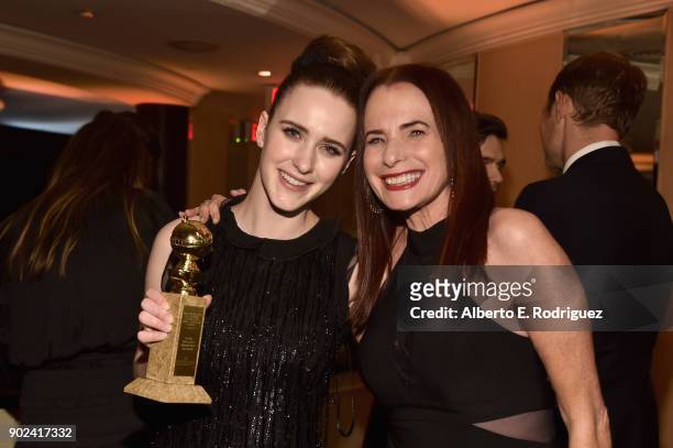 Actor Rachel Brosnahan and Amazon Casting Director Donna Rosenstein pose with award at the Amazon Studios' Golden Globes Celebration at The Beverly...