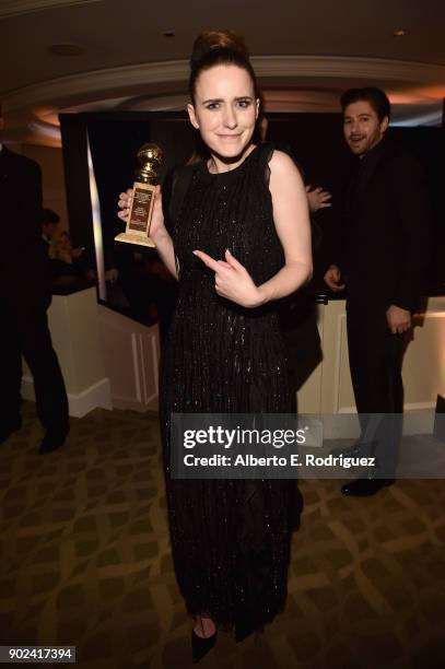 Actor Rachel Brosnahan poses with award for Best Performance by an Actress in a Television Series, Musical or Comedy at the Amazon Studios' Golden...