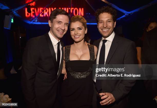 Topher Grace, Brianna Brown, and Richie Keen attends Amazon Studios' Golden Globes Celebration at The Beverly Hilton Hotel on January 7, 2018 in...