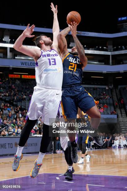 Chane Behanan of the Salt Lake City Stars shoots the ball against Georgios Papagiannis of the Reno Bighorns on January 7, 2018 at Golden 1 Center in...