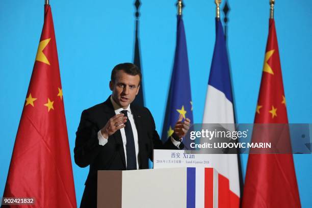 French President Emmanuel Macron delivers a speech at Daminggong Palace during a visit to the northern Chinese city of Xian on January 8, 2018. -...