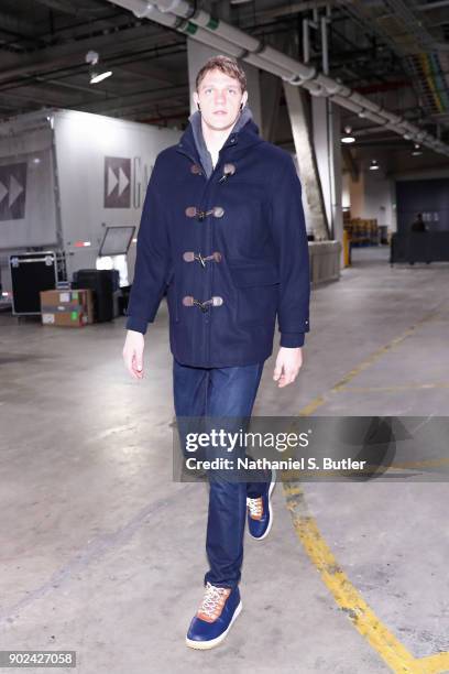 Timofey Mozgov of the Brooklyn Nets enters the arena before the game against the Minnesota Timberwolves on January 3, 2018 at Barclays Center in...