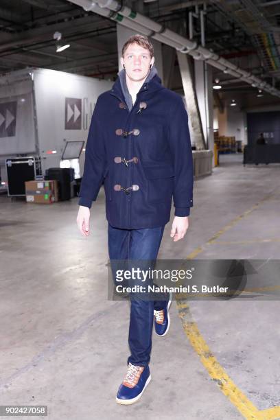 Timofey Mozgov of the Brooklyn Nets enters the arena before the game against the Minnesota Timberwolves on January 3, 2018 at Barclays Center in...