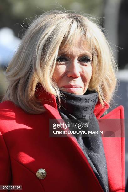 Brigitte Macron, wife of French President Emmanuel Macron, is pictured as the couple is given a tour during a visit to the Great Mosque of Xian in...