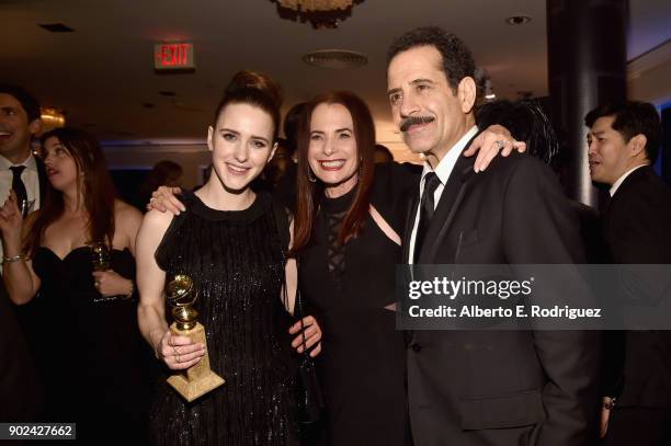 Actor Rachel Brosnahan, Amazon Casting Director Donna Rosenstein, and actor Tony Shalhoub attend Amazon Studios' Golden Globes Celebration at The...