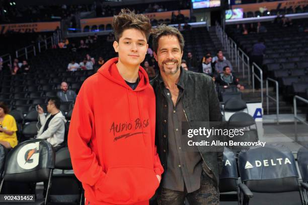 Shawn Christian and son Kameron Christian attend a basketball game between the Los Angeles Lakers and the Atlanta Hawks at Staples Center on January...