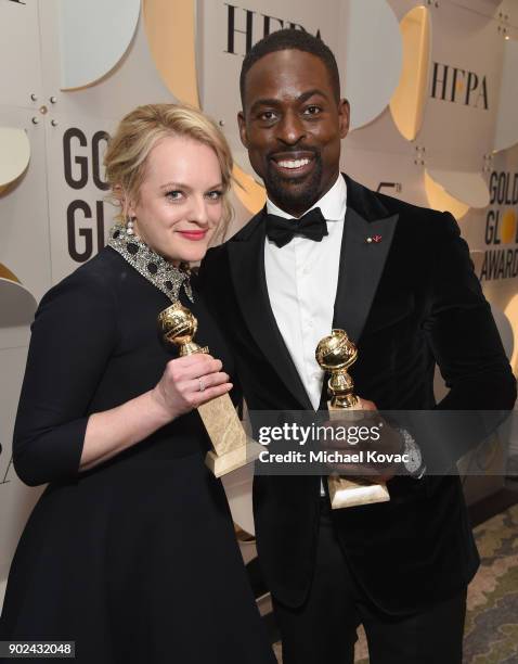 Actor Elisabeth Moss and Sterling K. Brown celebrate The 75th Annual Golden Globe Awards with Moet & Chandon at The Beverly Hilton Hotel on January...