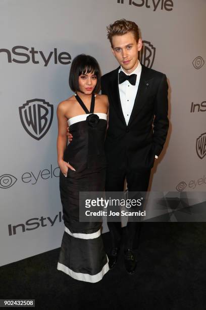 Actors Vanessa Hudgens and Austin Butler attend the 2018 InStyle and Warner Bros. 75th Annual Golden Globe Awards Post-Party at The Beverly Hilton...